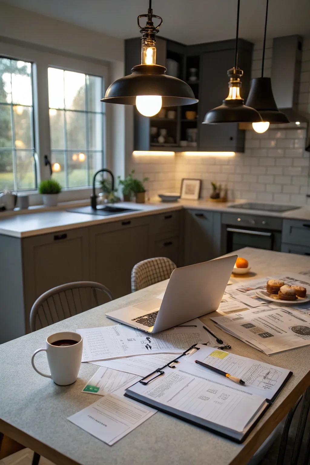Task lighting ensures focus and functionality in the kitchen.