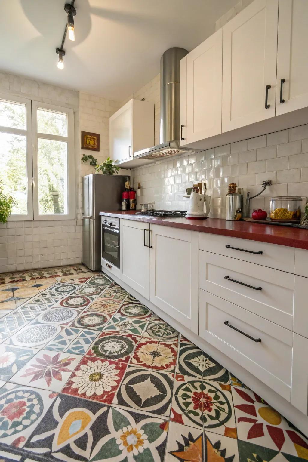 Striking flooring creates a dramatic base for the kitchen.