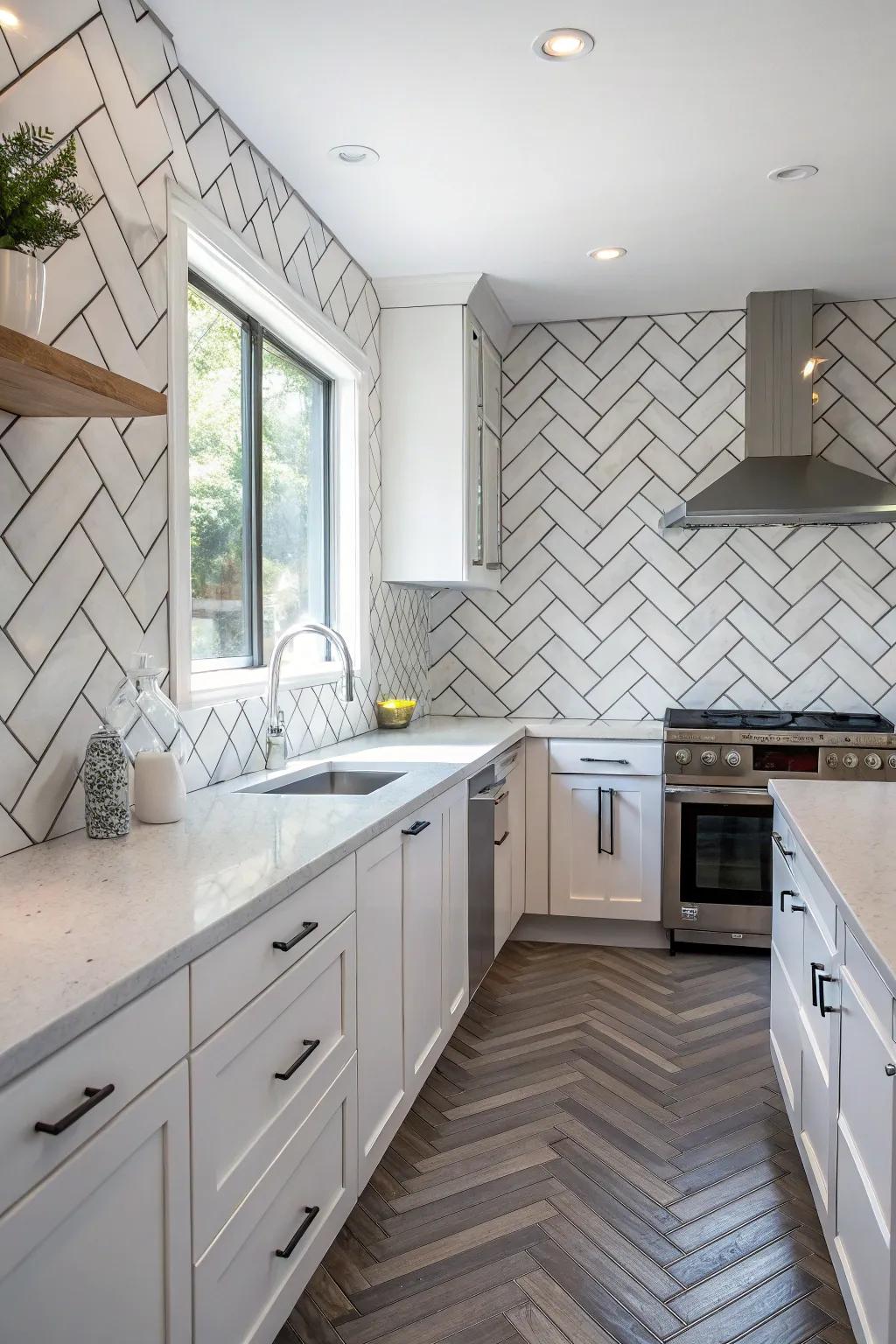 Subway tiles using an unparalleled herringbone pattern elevate this cooking area's visual.