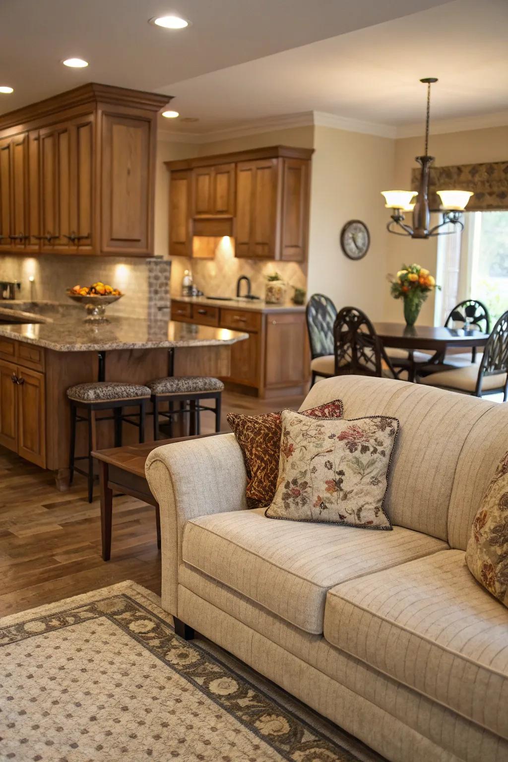 A kitchen where the sofa serves as a visual focal point, inviting conversation.