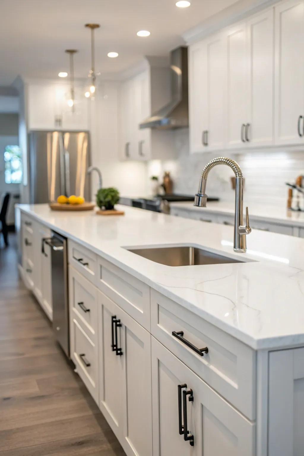 Minimalist hardware complements the sleek design of the kitchen with white countertops.