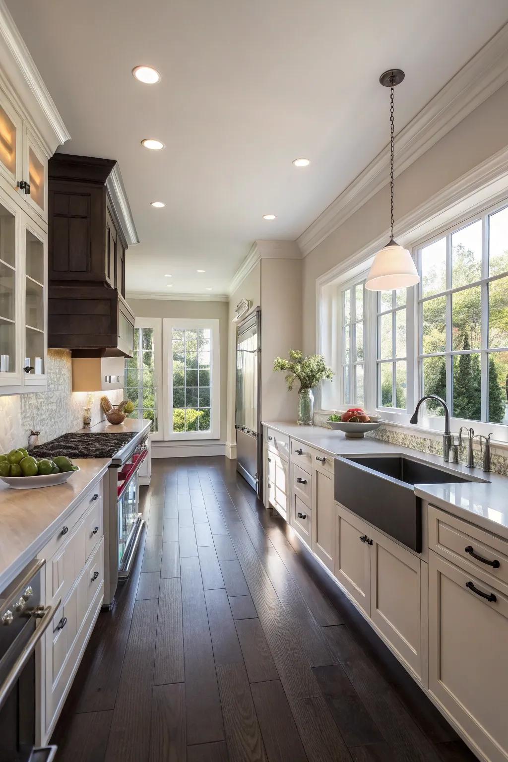 Light walls balance the dark floors in this spacious kitchen.