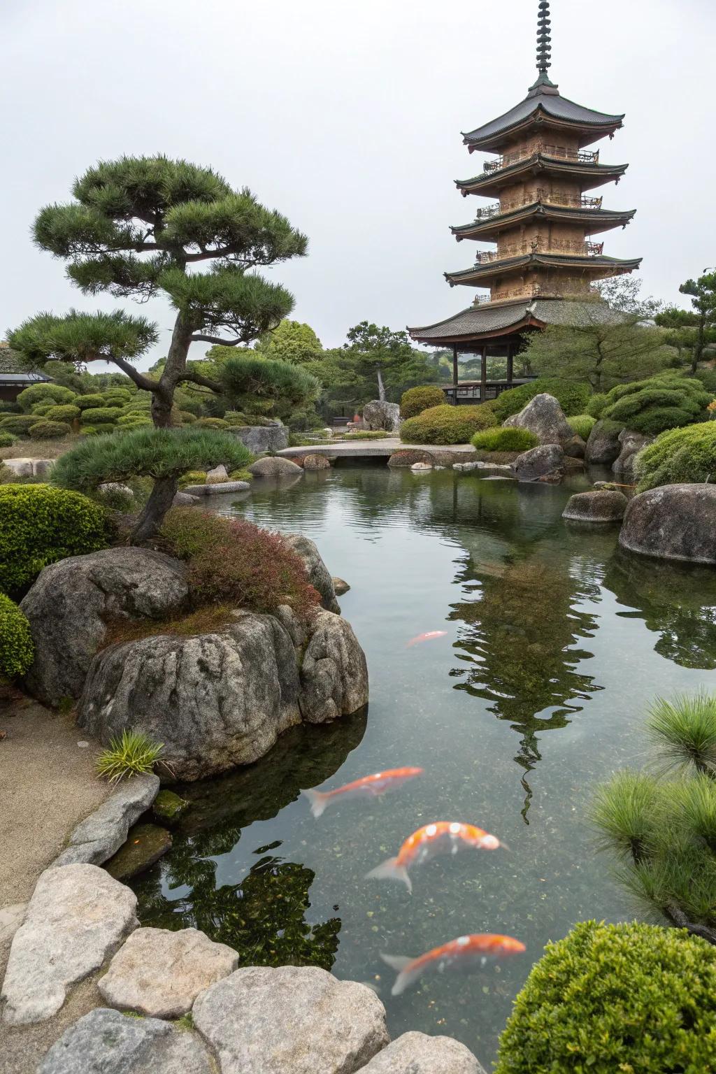 A temple imparts a traditional Japanese nuance to koi ponds.