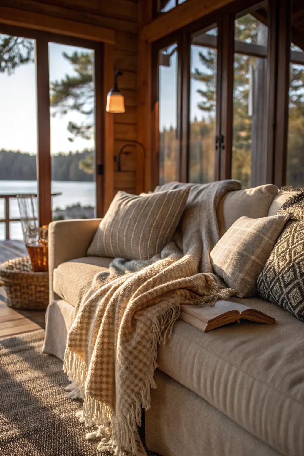 Textured fabrics add depth and warmth.