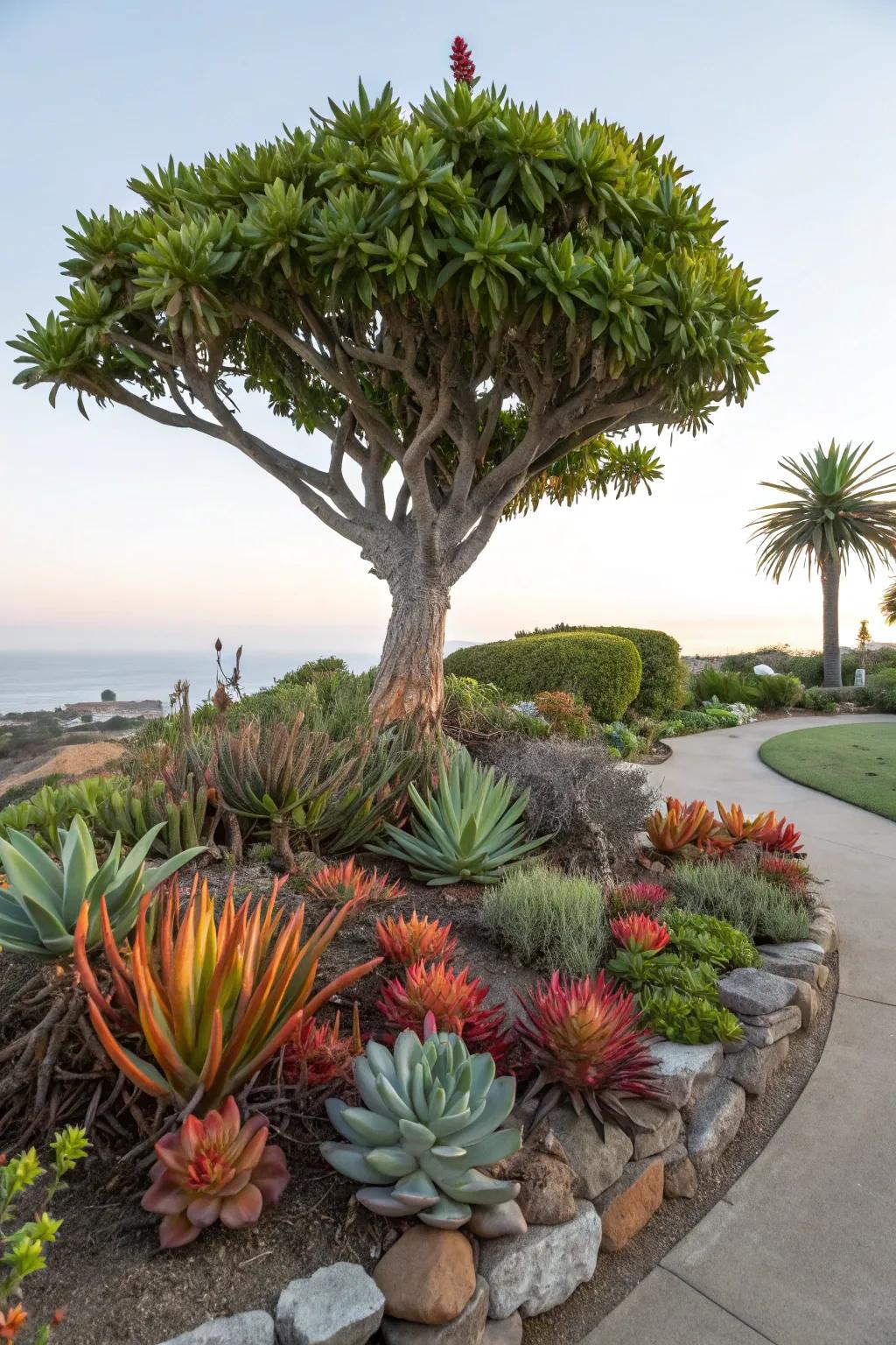 A fleshy garden introduces intriguing forms and colors around trees.