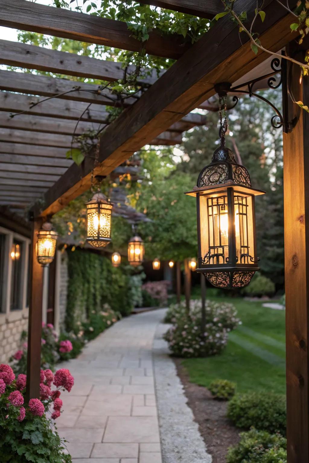 Ornamental lights morph pergolas into personal hideaways.