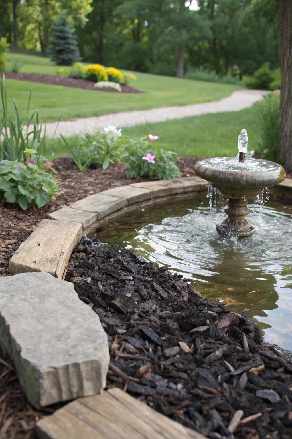 Enhance your water feature with mulch for a natural look.