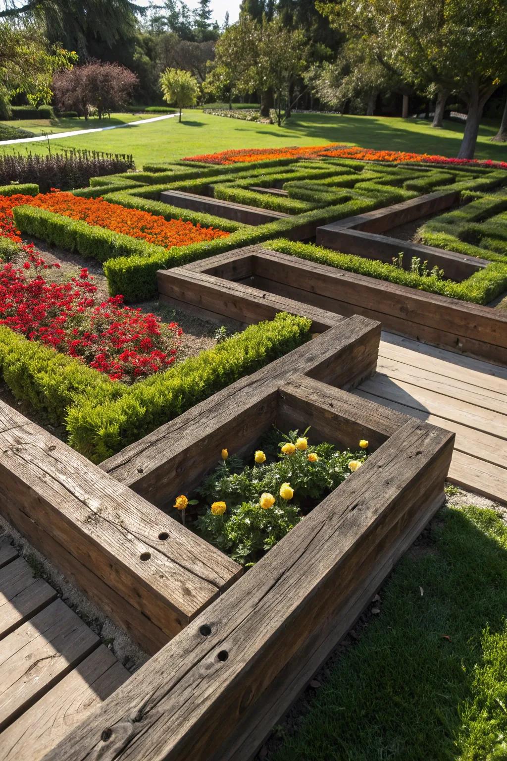 Embark on a whimsical garden journey with expertly crafted timber maze paths.