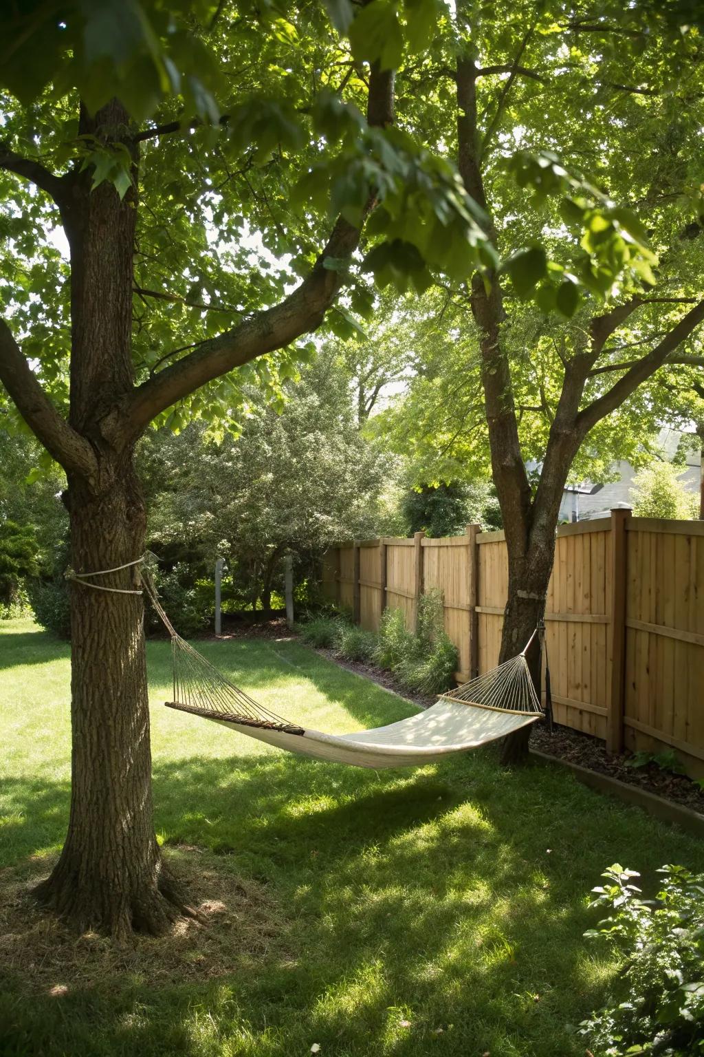A hammock strung between trees, creating a relaxing retreat in the garden.