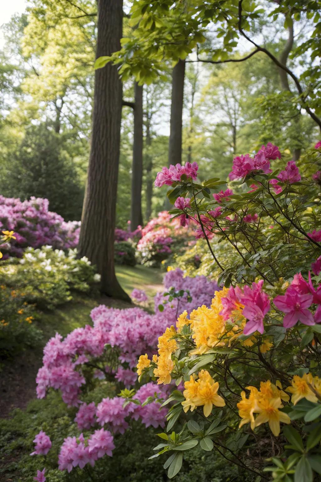 Bright flowers adding hue to a shaded forest garden.
