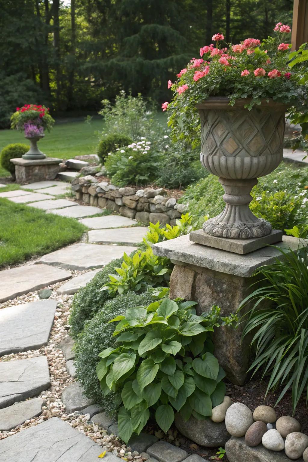 Stone embellishments accentuate and frame garden elements.