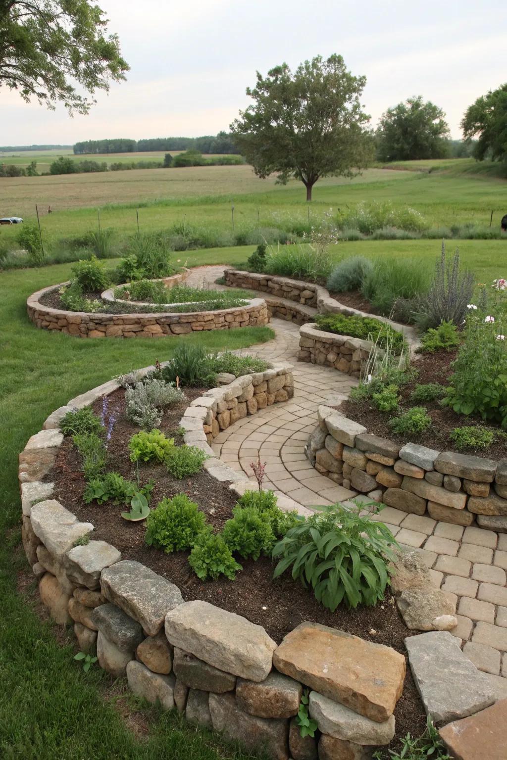 A herb spiral maximizes planting space and adds visual interest.