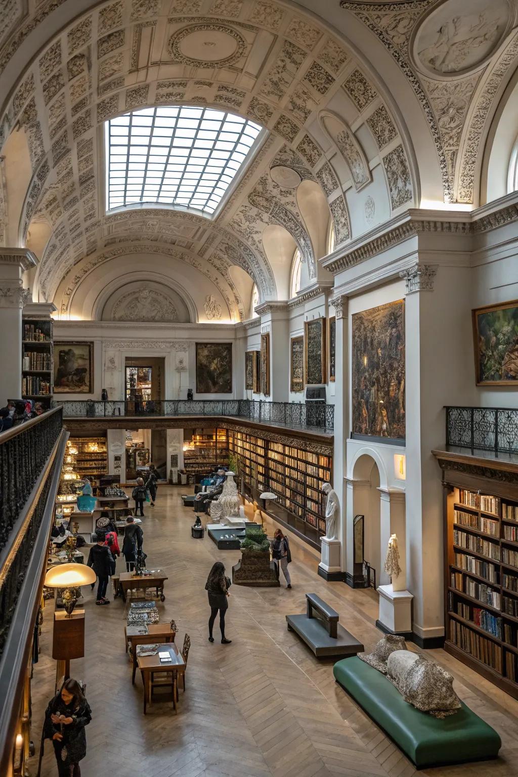 A library enriched with art and sculpture that introduces a sophisticated element.