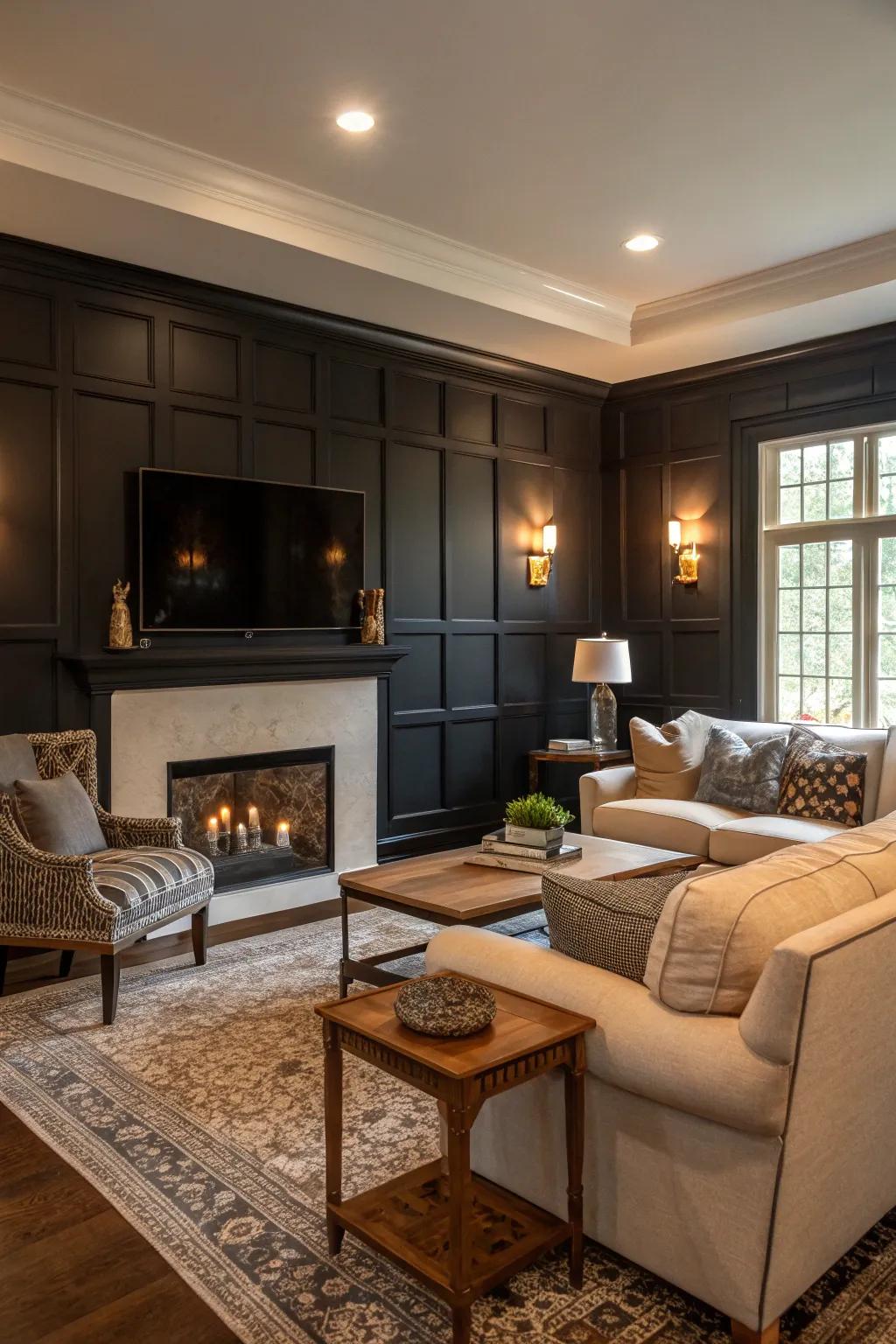 A dark accent wall adds depth and intrigue to this living room.