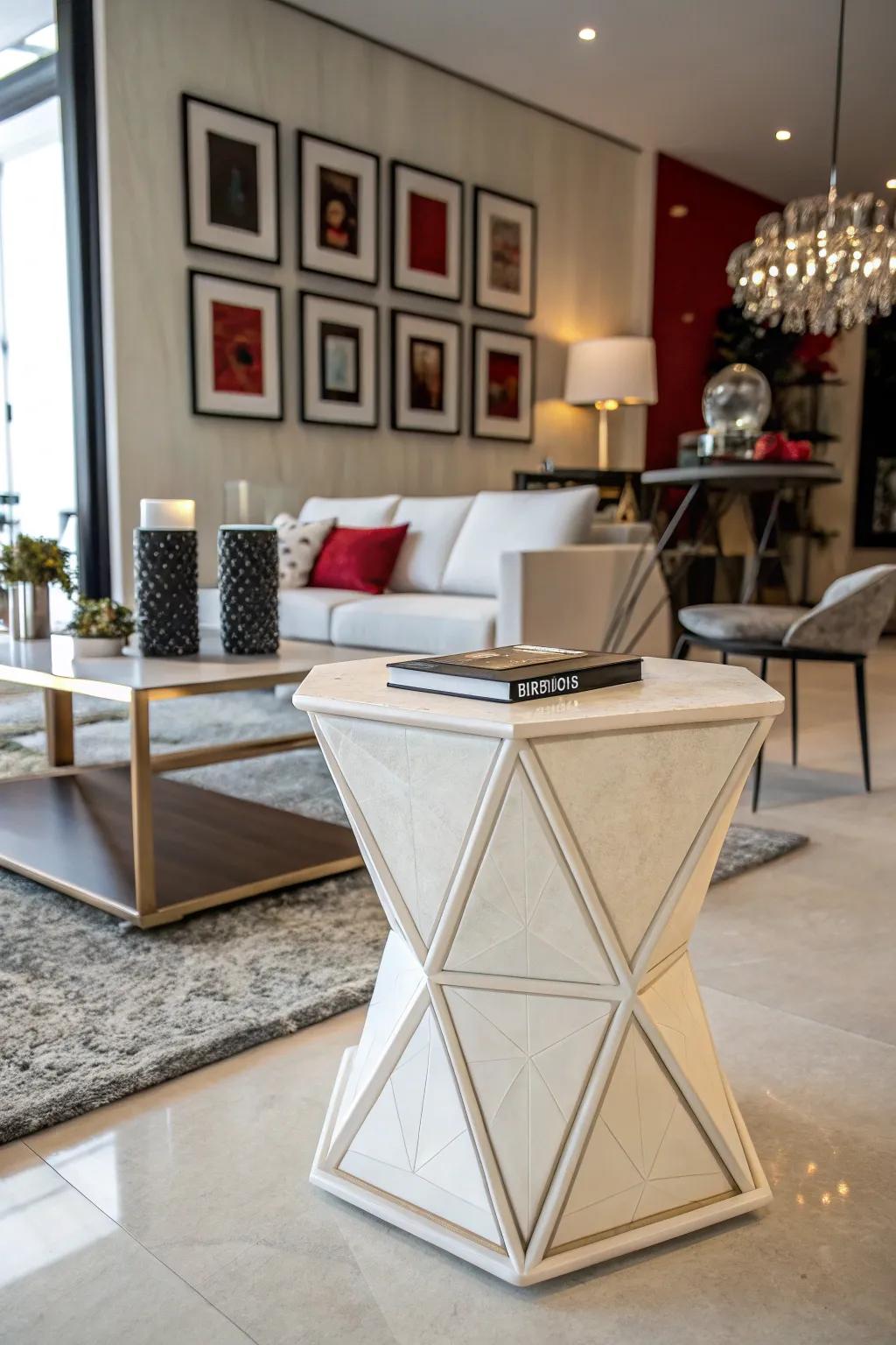 Geometric shapes introduce a modern touch to side tables.