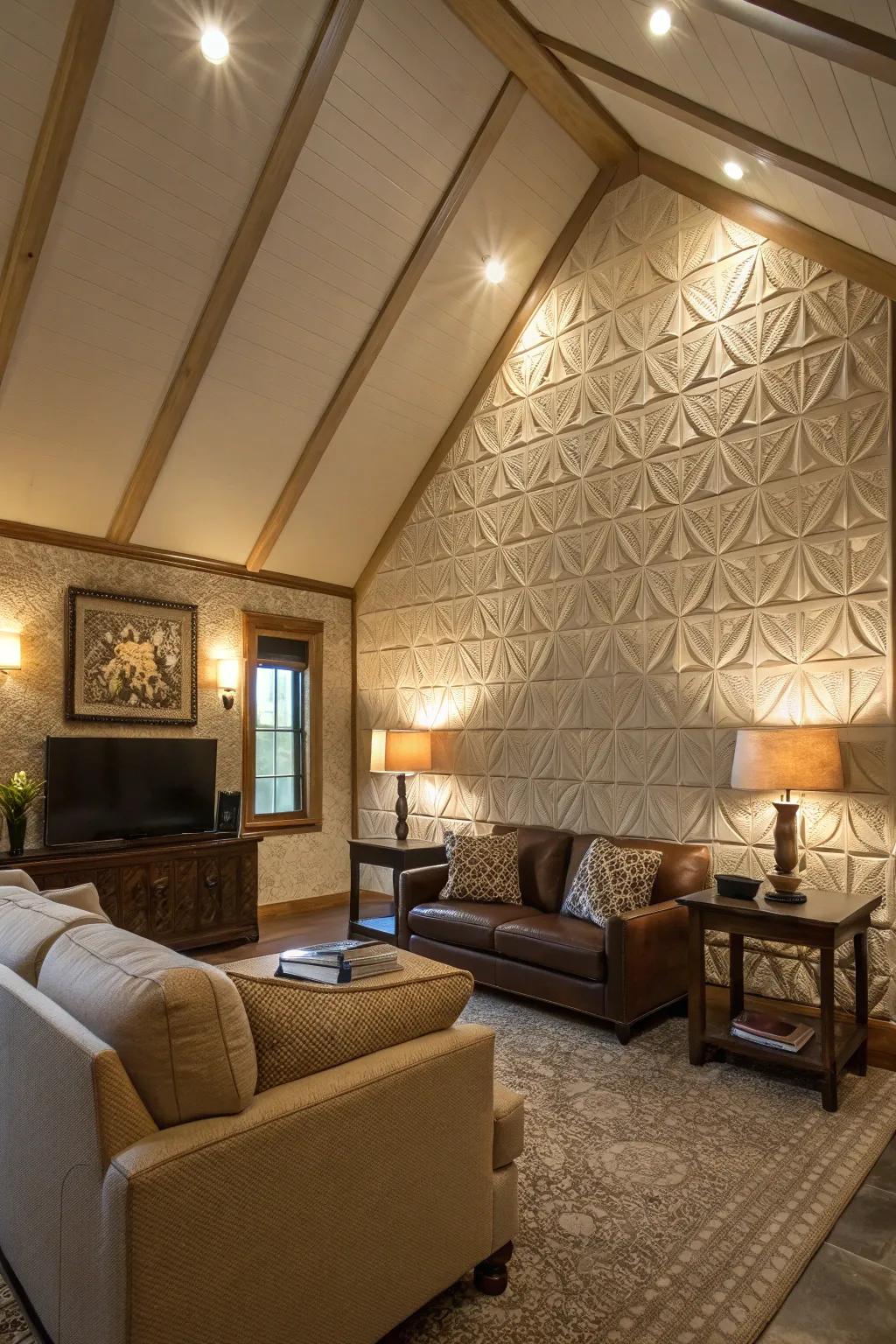 Textured wall panels add sophistication and depth.