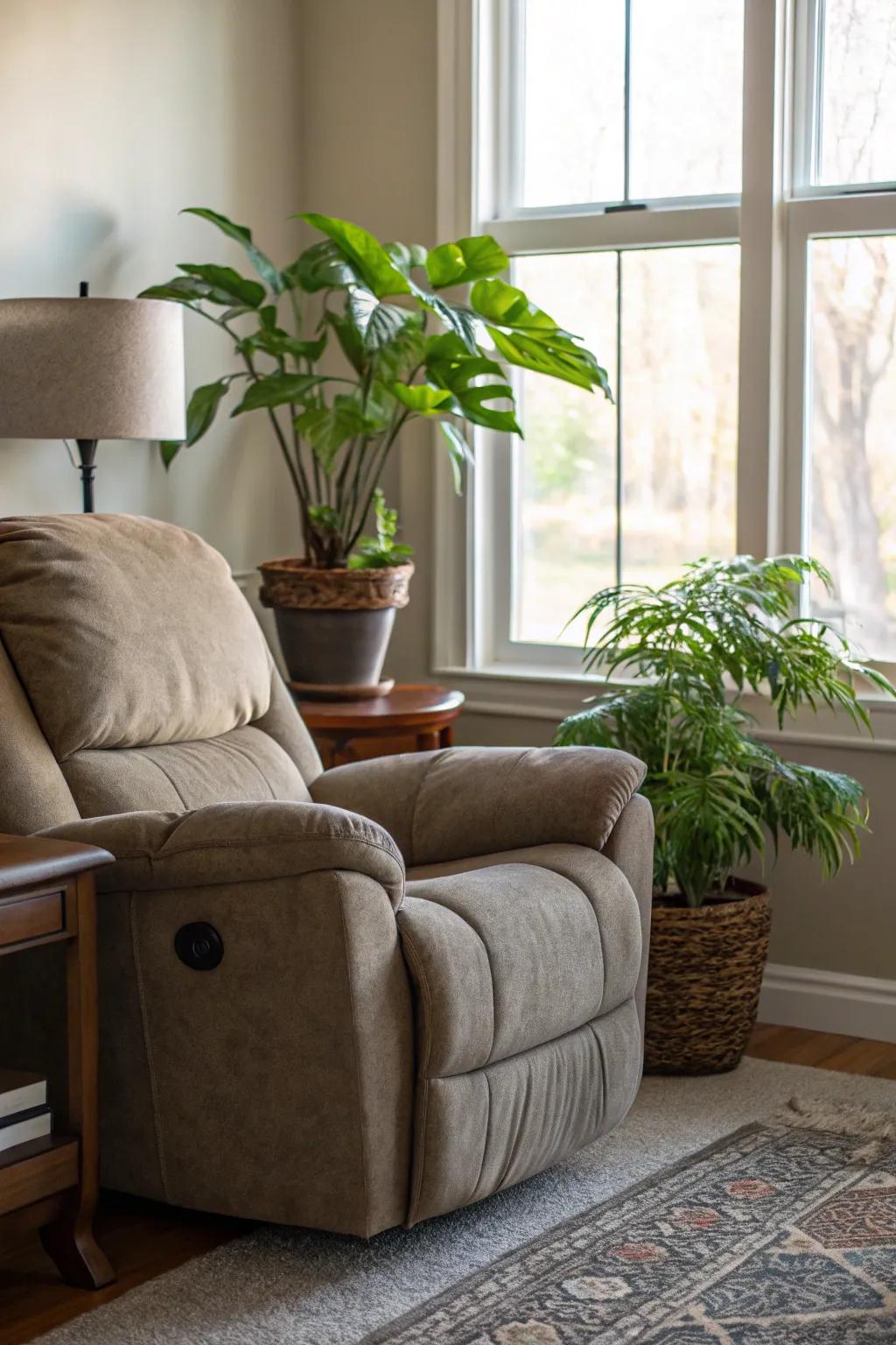 A refreshing living room corner with a recliner and greenery.