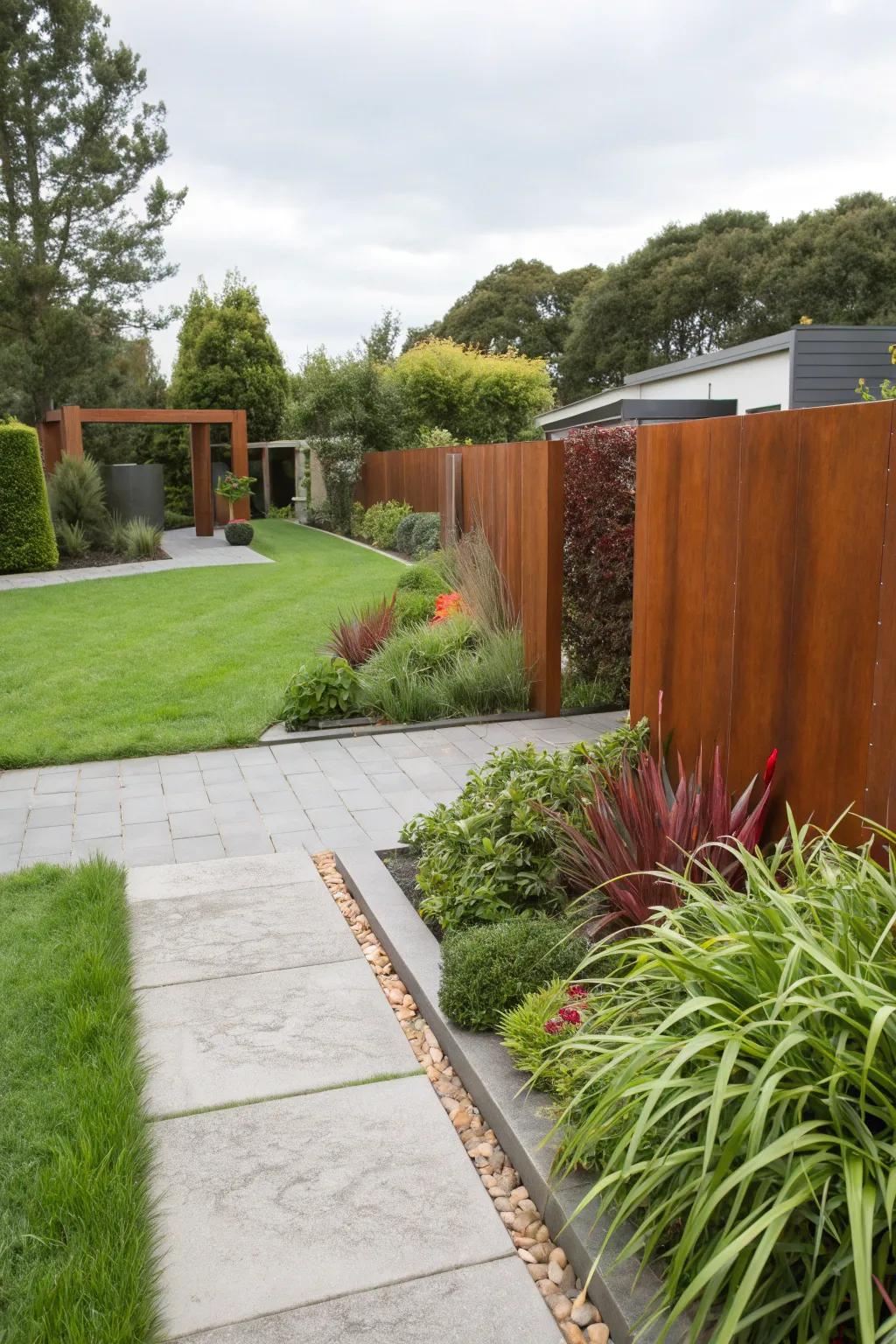 Weathered steel panels add an industrial edge to this modern front garden.