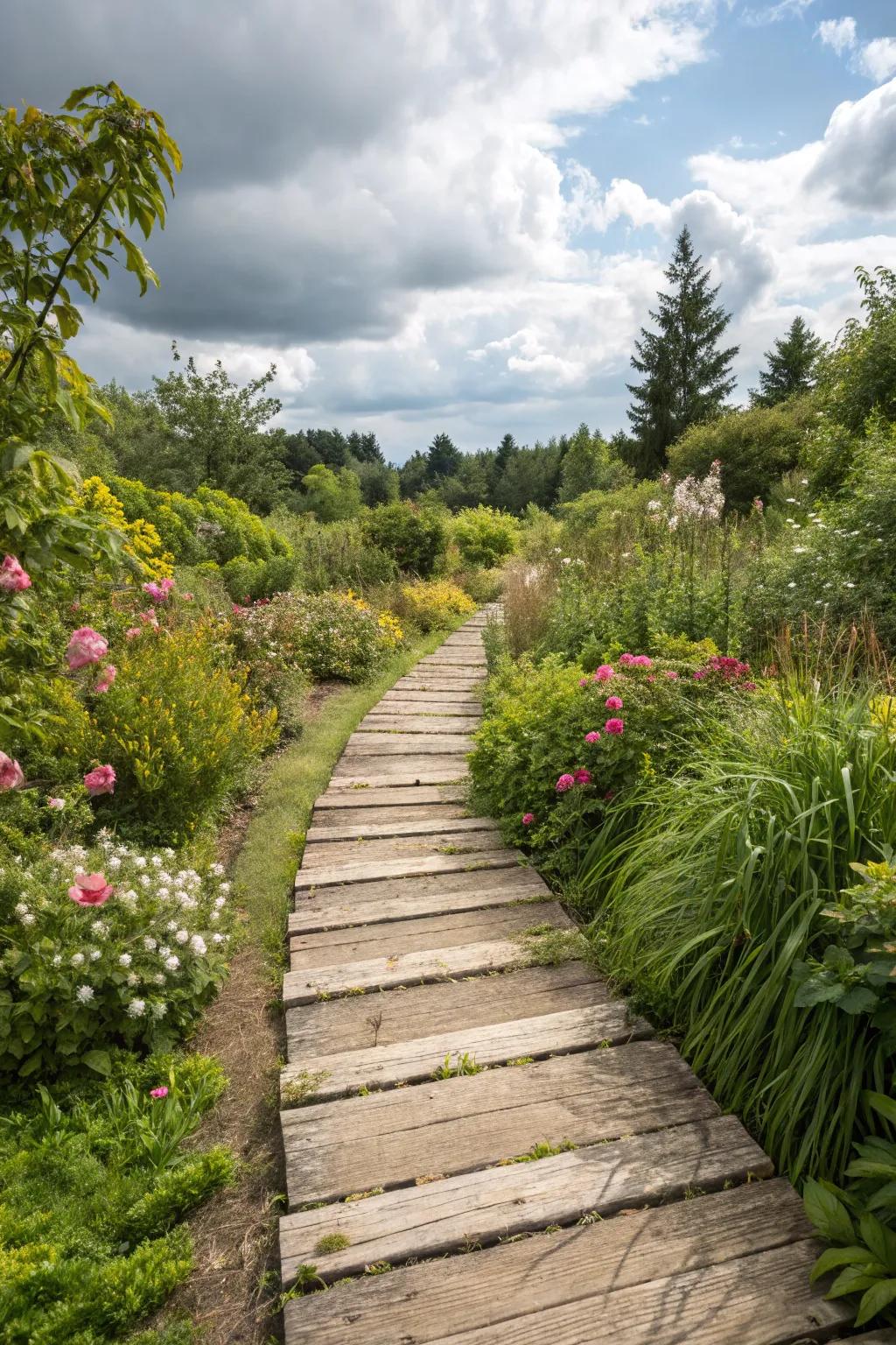 Sustainable elements like reclaimed wood enhance a Portland garden.