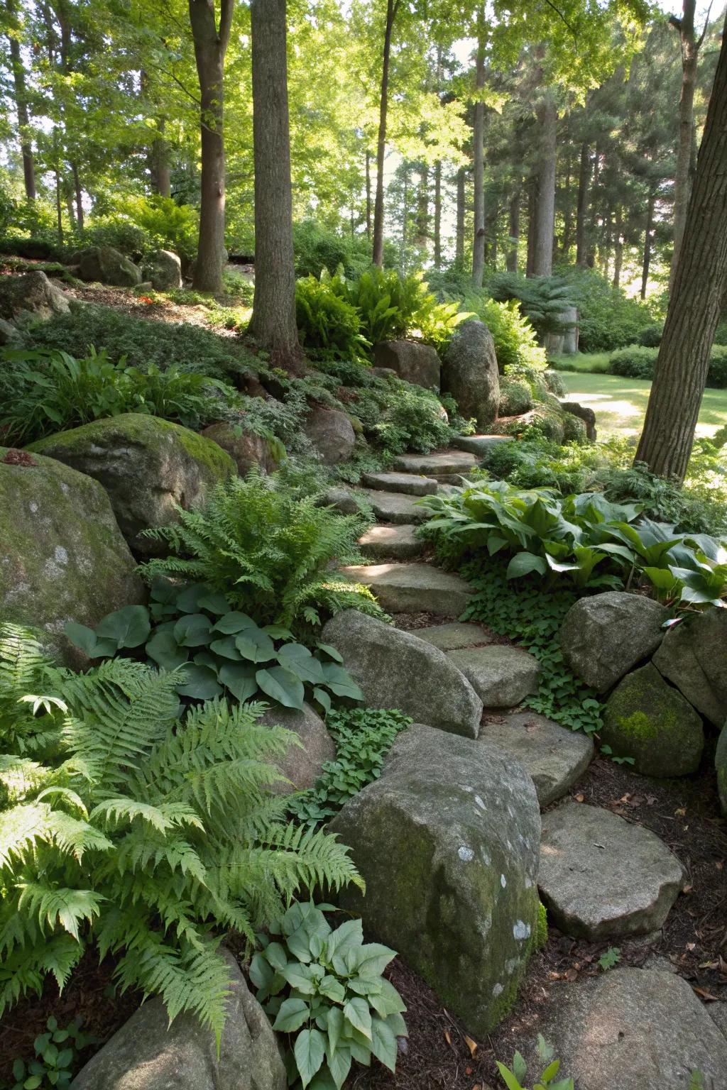 Shadow-tolerant flora introduce lushness to shaded sections.