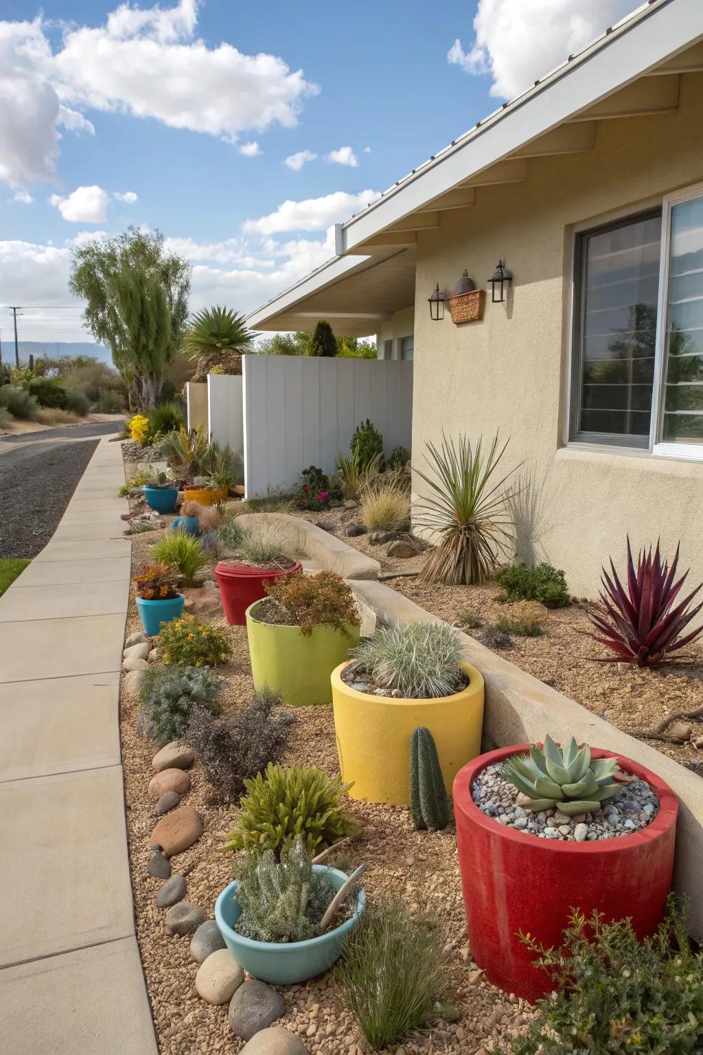 Containers add versatility and visual interest to a xeriscape yard.