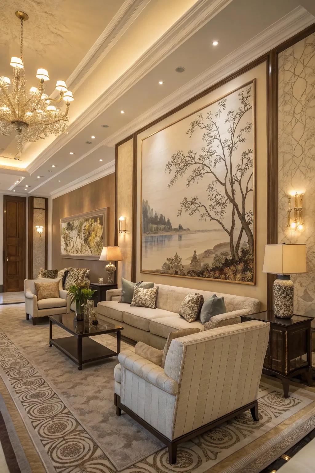 Large-format wall art creates a magnificent point of interest in this living space.