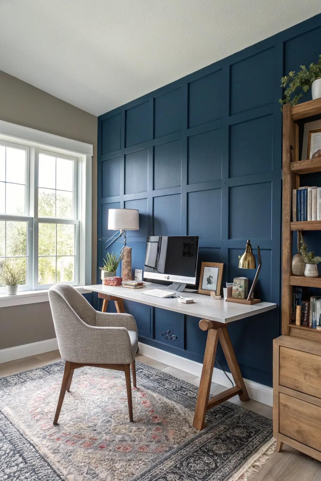 A modern home office featuring a striking feature wall.