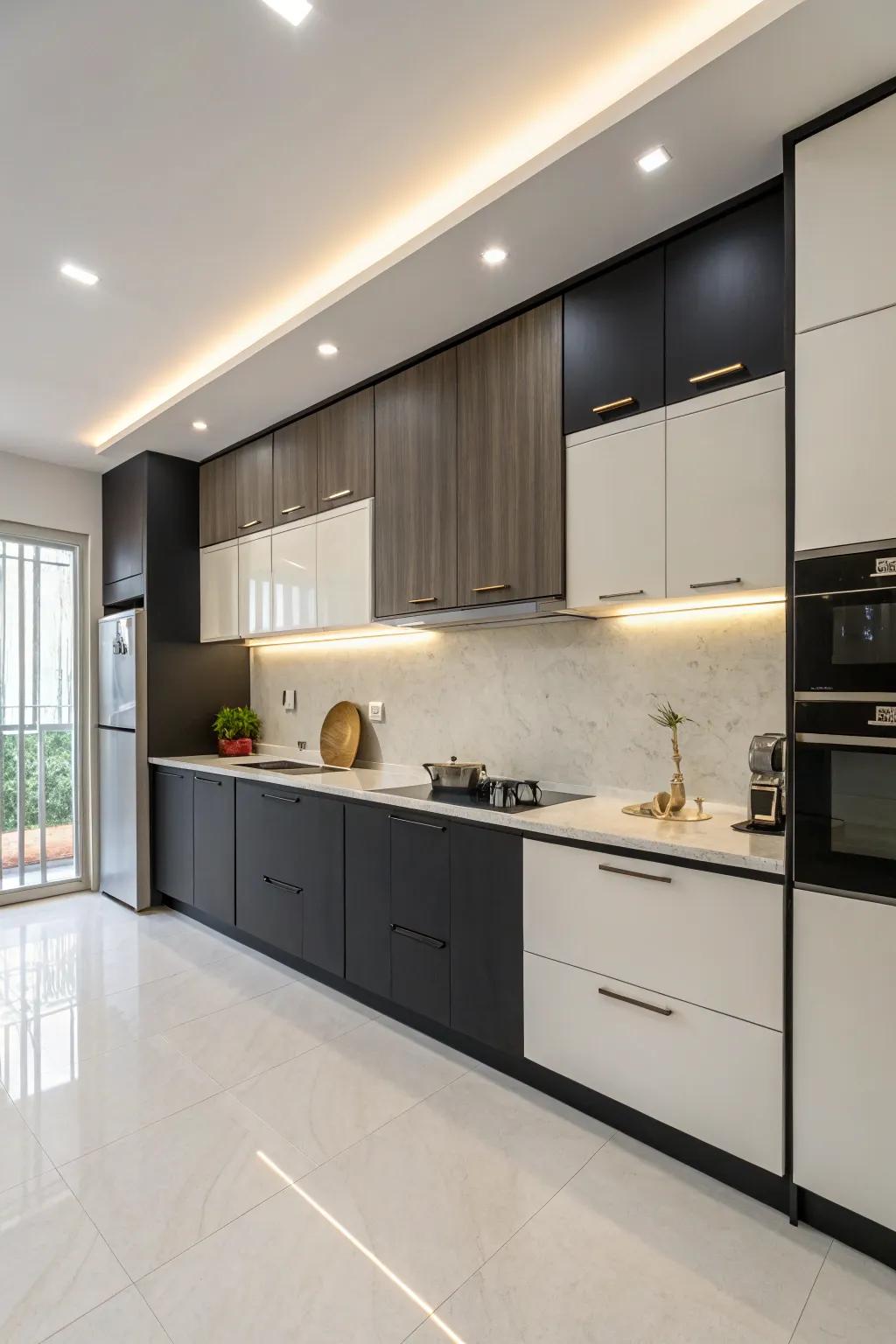 Two-tone cabinets add visual interest and contrast, enhancing kitchen design.