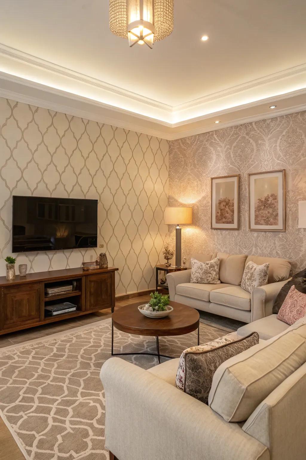 An accent wall offers a touch of elegance in this serene living room.
