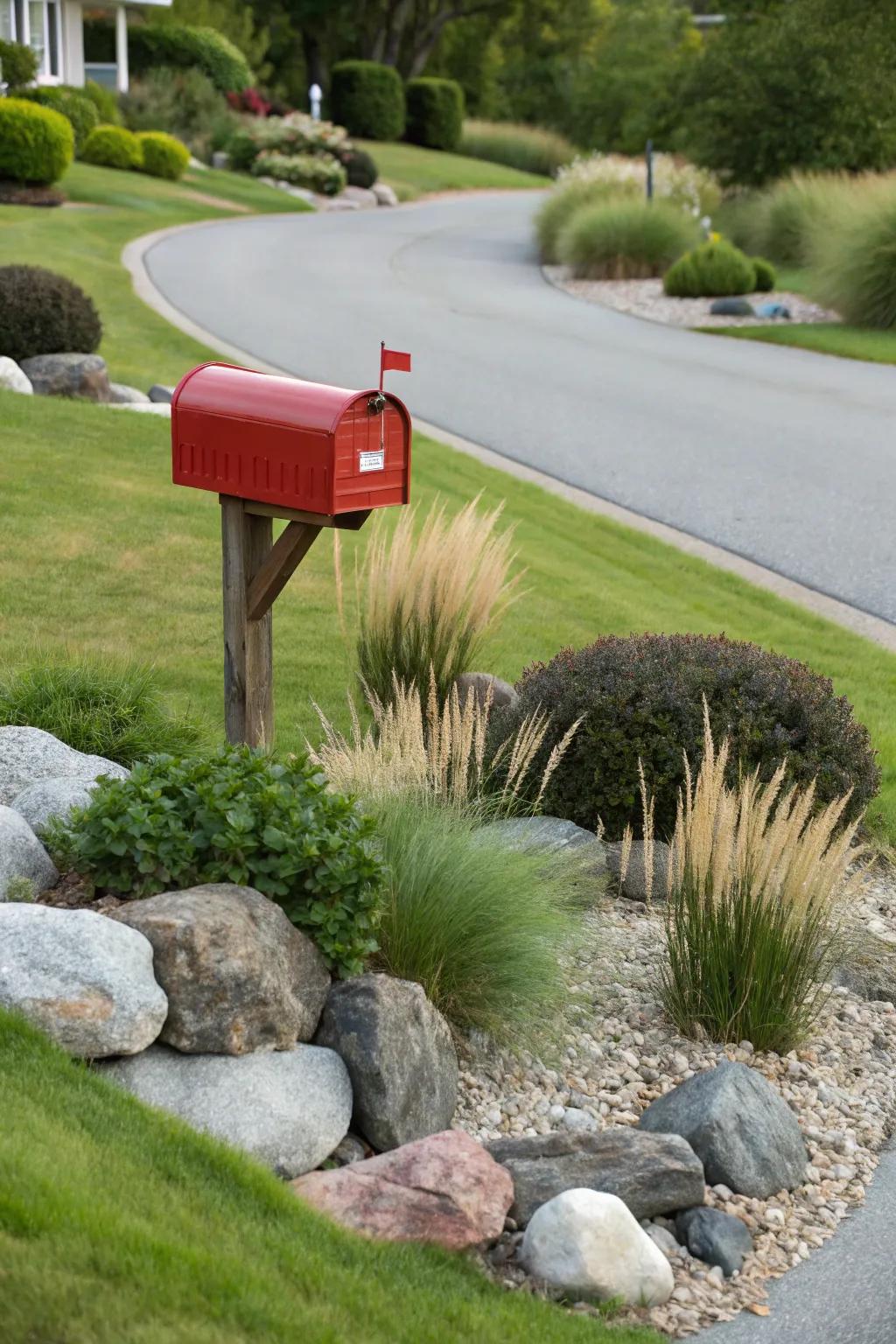 Ornamental herbage and boulders furnish a structured and earthy presentation.