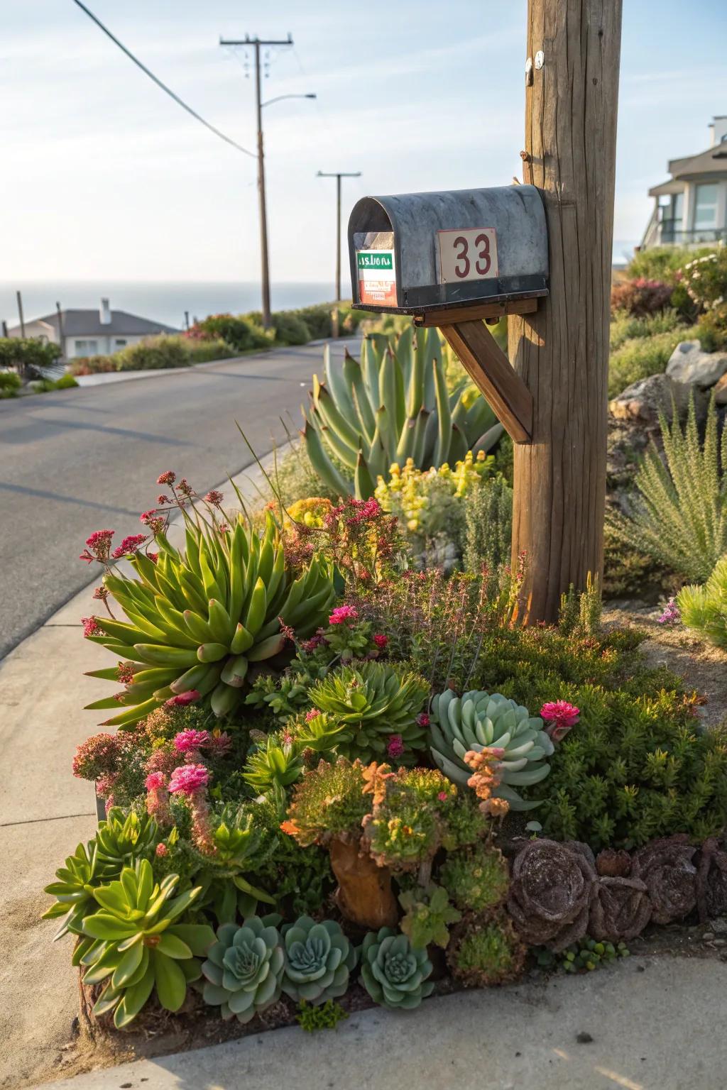 An eclectic mix of plants brings vibrancy and texture to your mailbox.