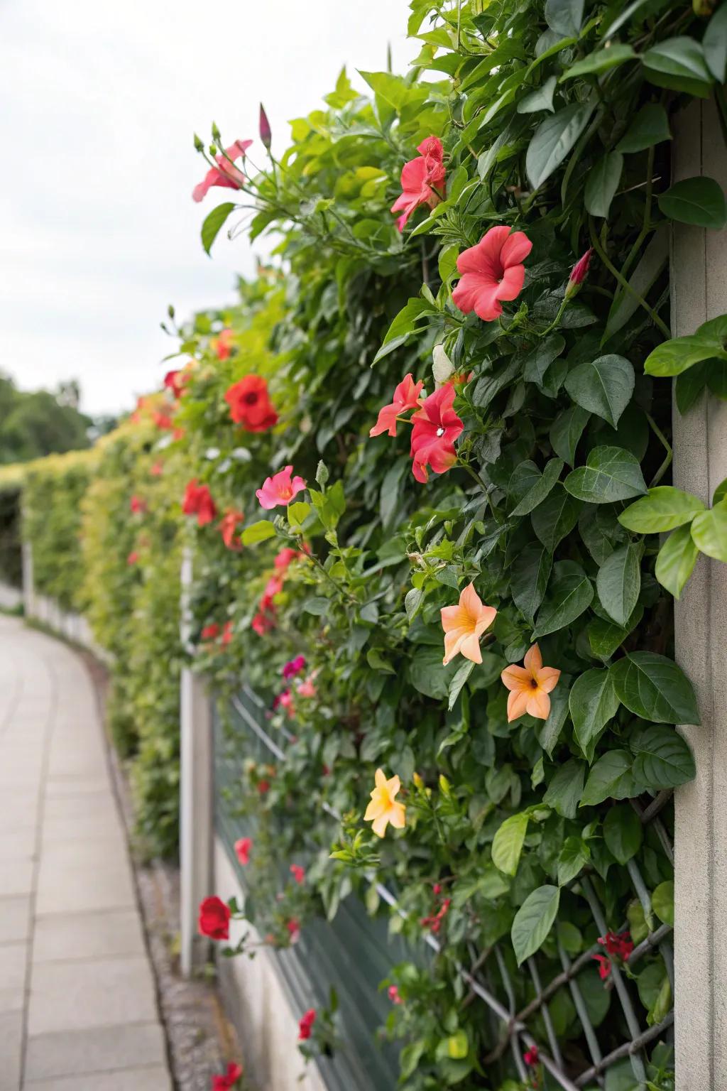 A vertical garden trellis with tropical trumpet maximizes space and adds rich beauty.