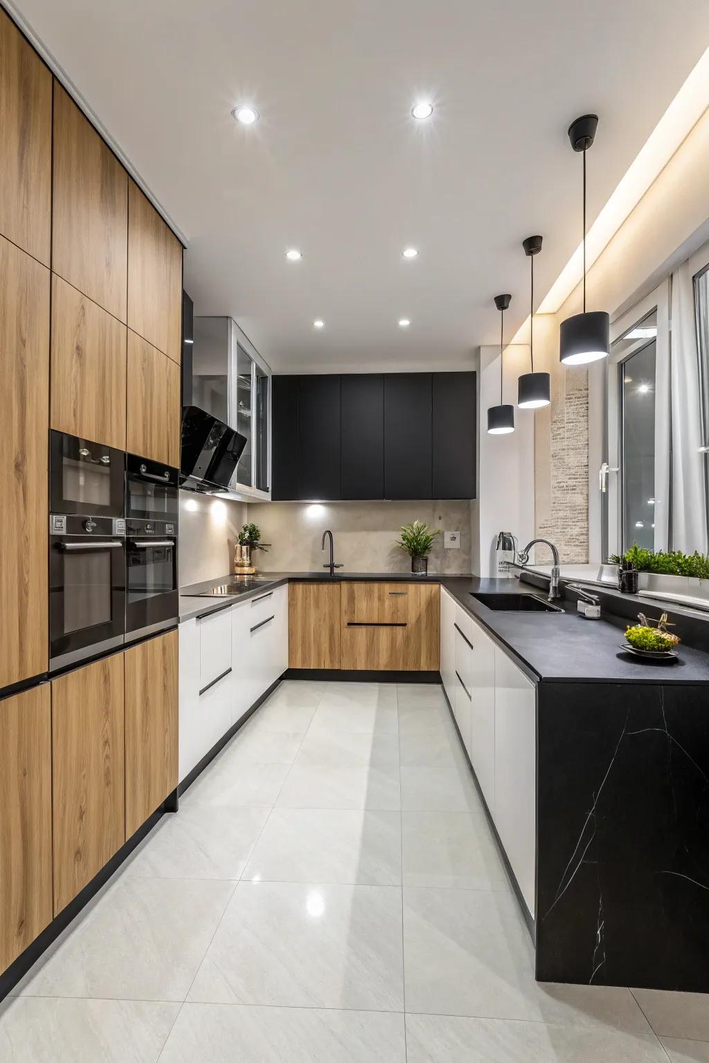 A modern kitchen with a monochrome palette and maple cabinets for a sharp look.