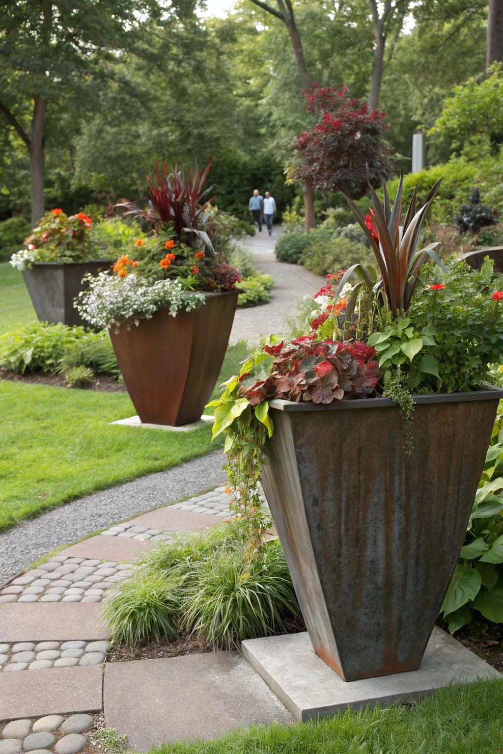 Metal planters elevate garden elegance.