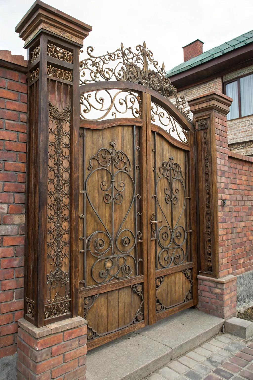 Step into nostalgia with this vintage-inspired gate that marries ornate metalwork and reclaimed wood, adding timeless charm to any home.