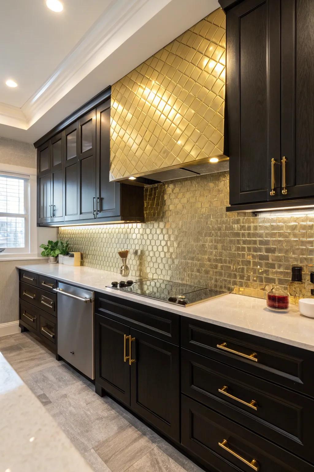 A kitchen featuring a gold metal tile backsplash for a touch of glamour.