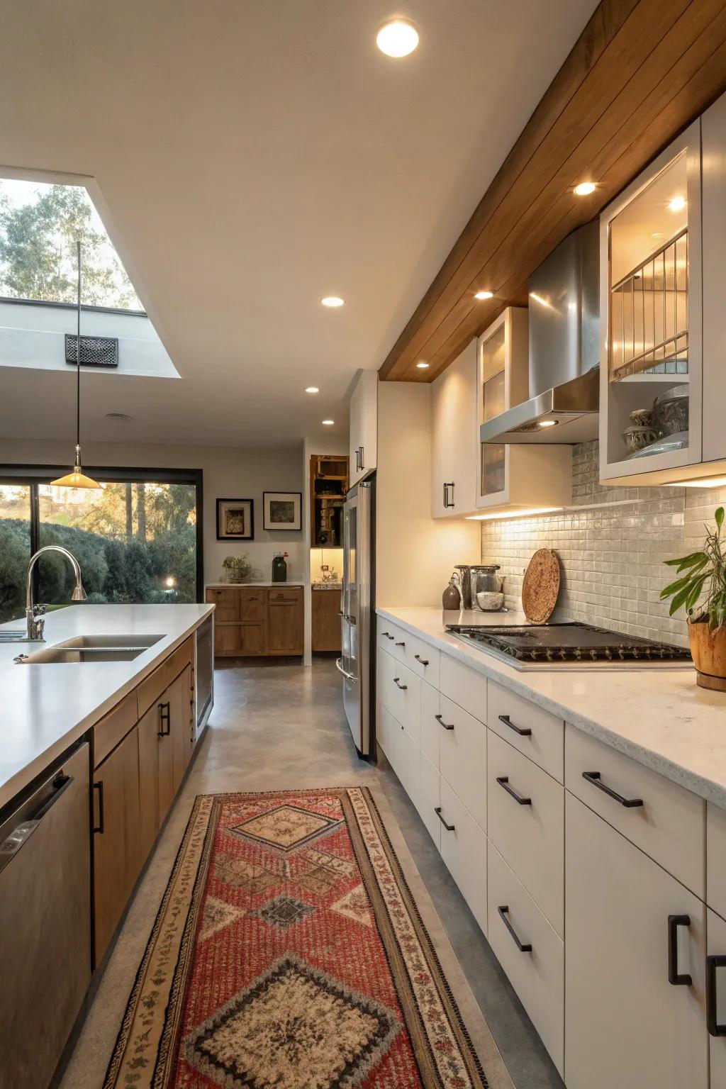 A smart layout enhances functionality in this mid-century kitchen.