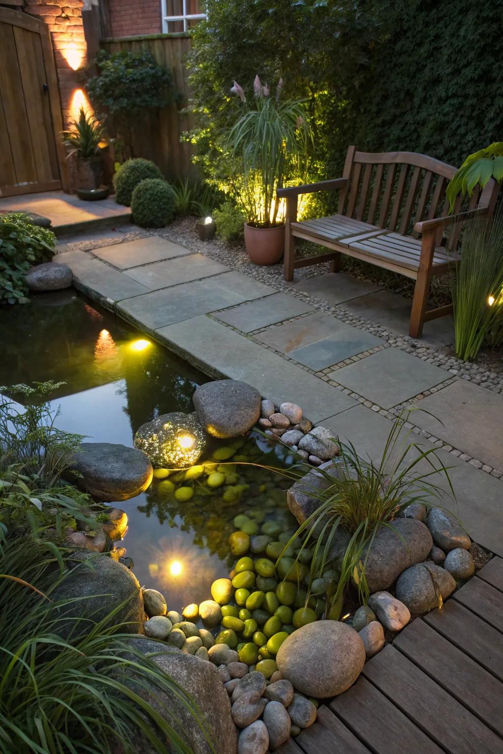 Underwater glowsticks birth a magical vibe in a patio pond.