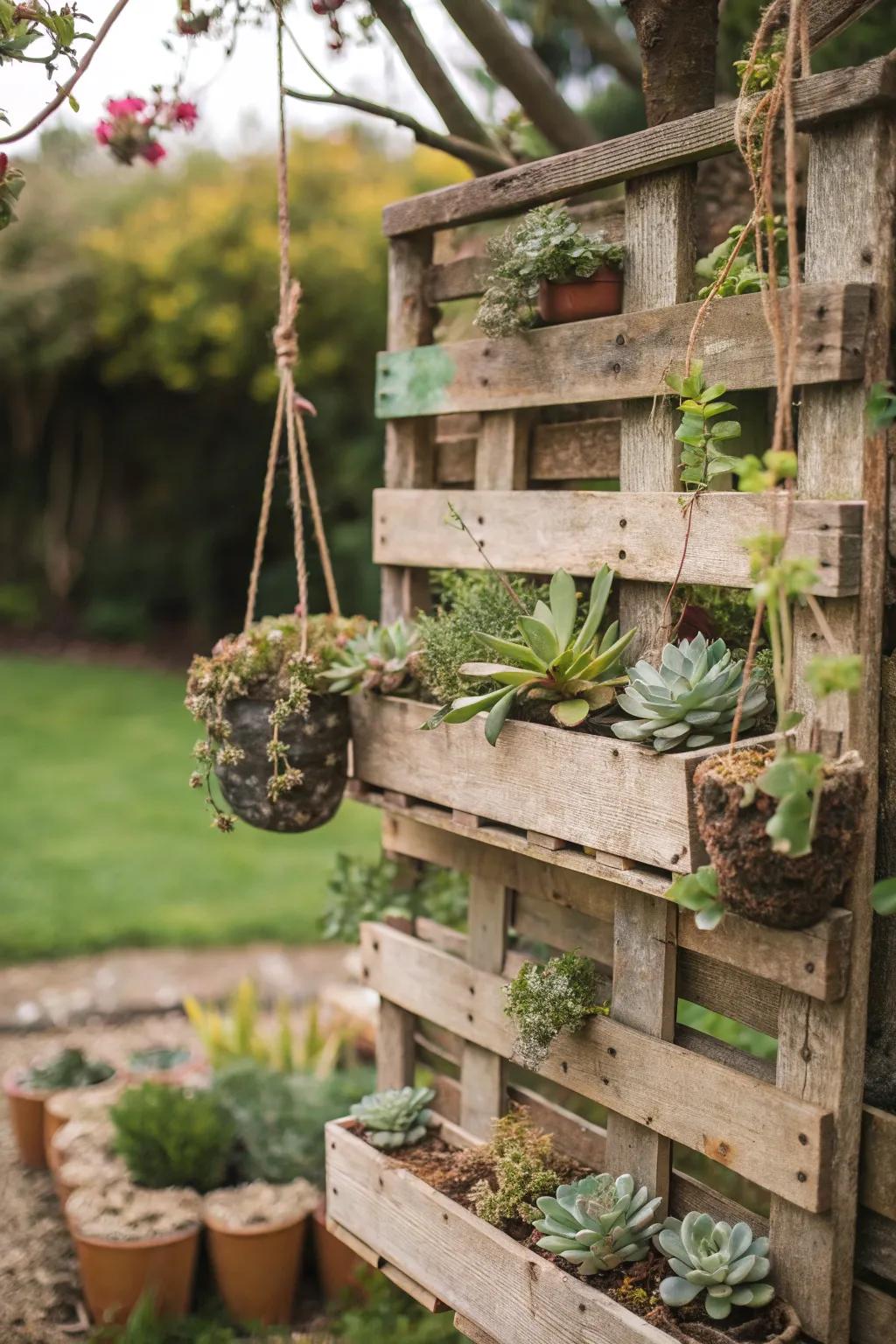 A reclaimed timber display introduces rustic charm to any garden.