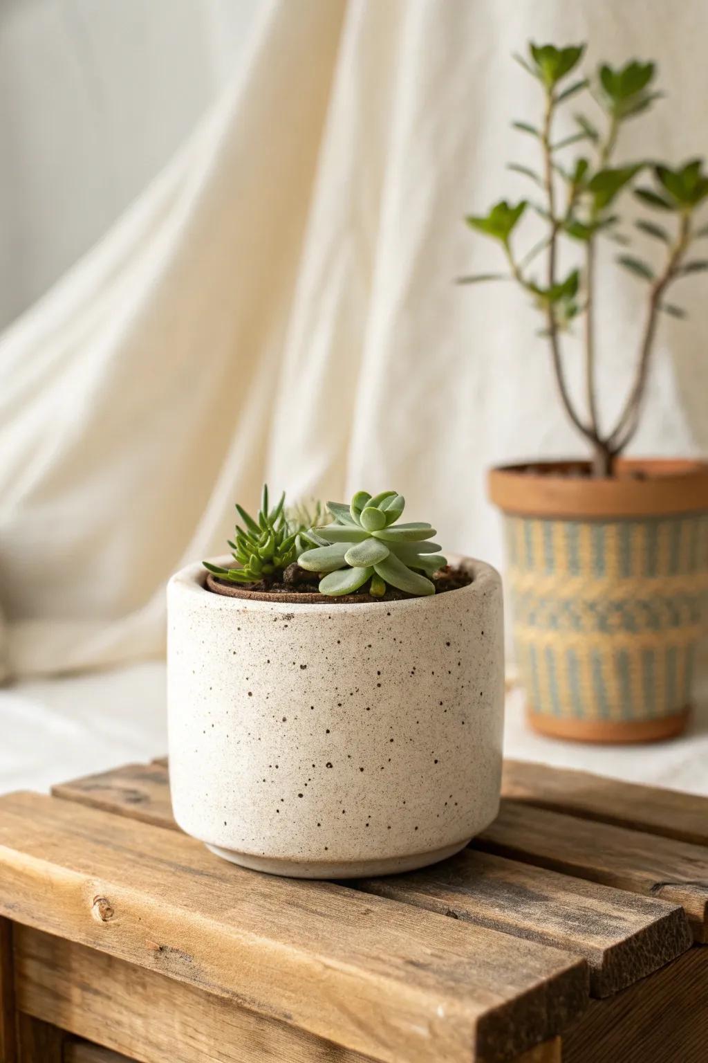 Embrace simplicity with a speckled ceramic planter—where minimalist design meets natural charm.