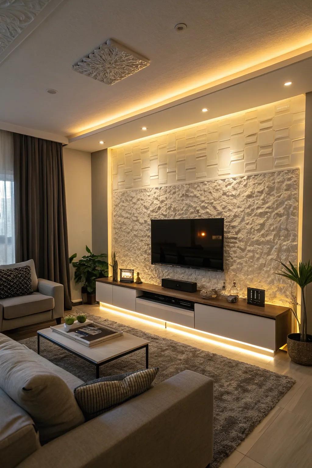 Backlit panels add a warm, dramatic glow to the TV wall.