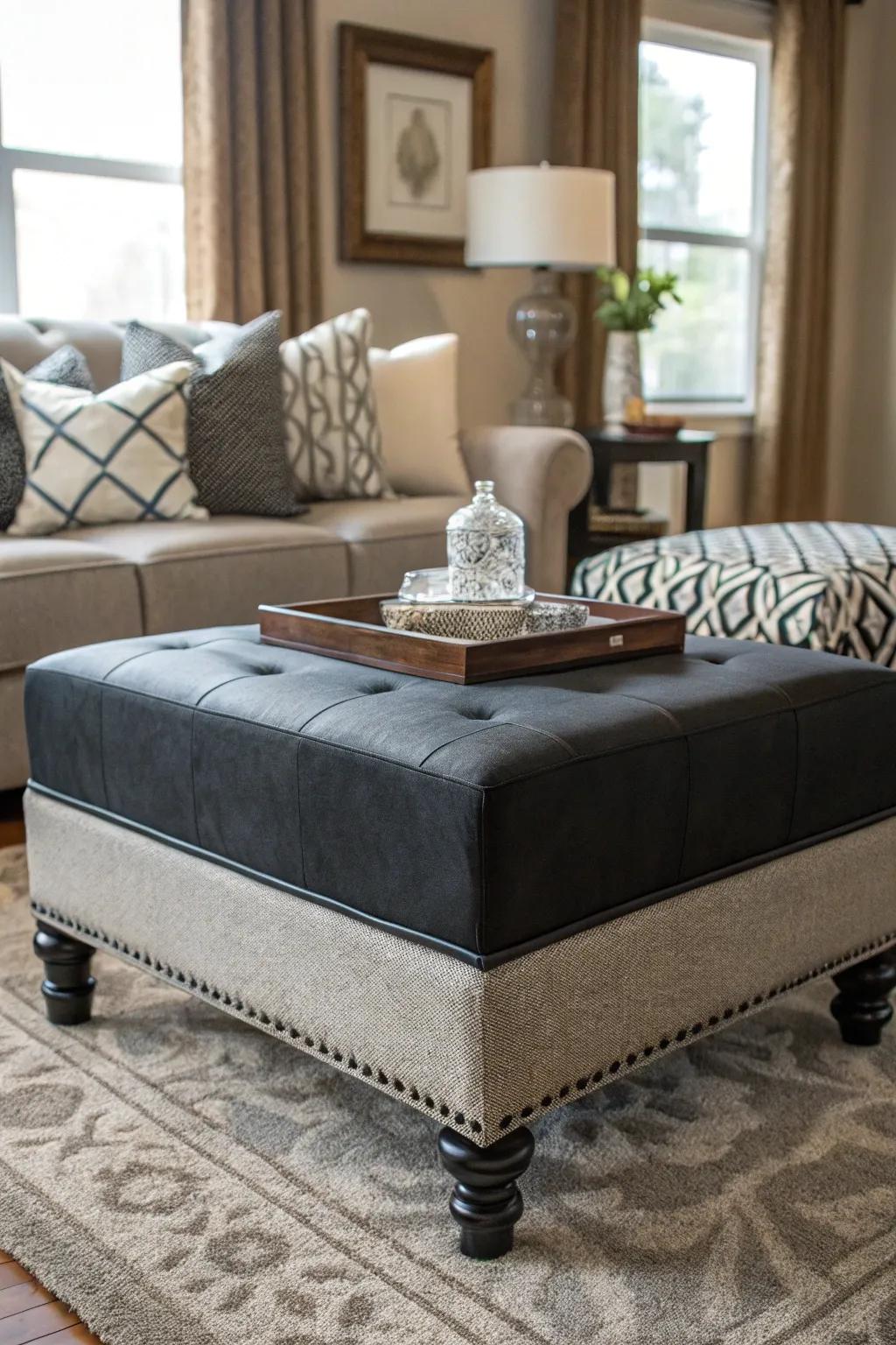 An upholstered ottoman offers versatility and style.
