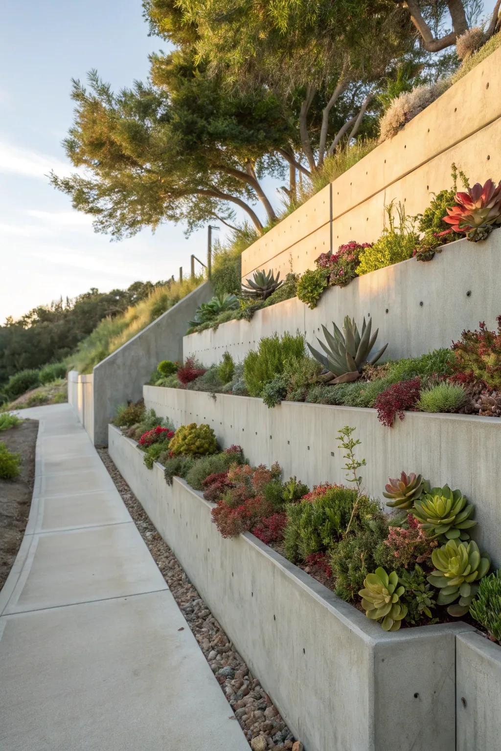 Concrete wall with built-in troughs for affixed verdure.