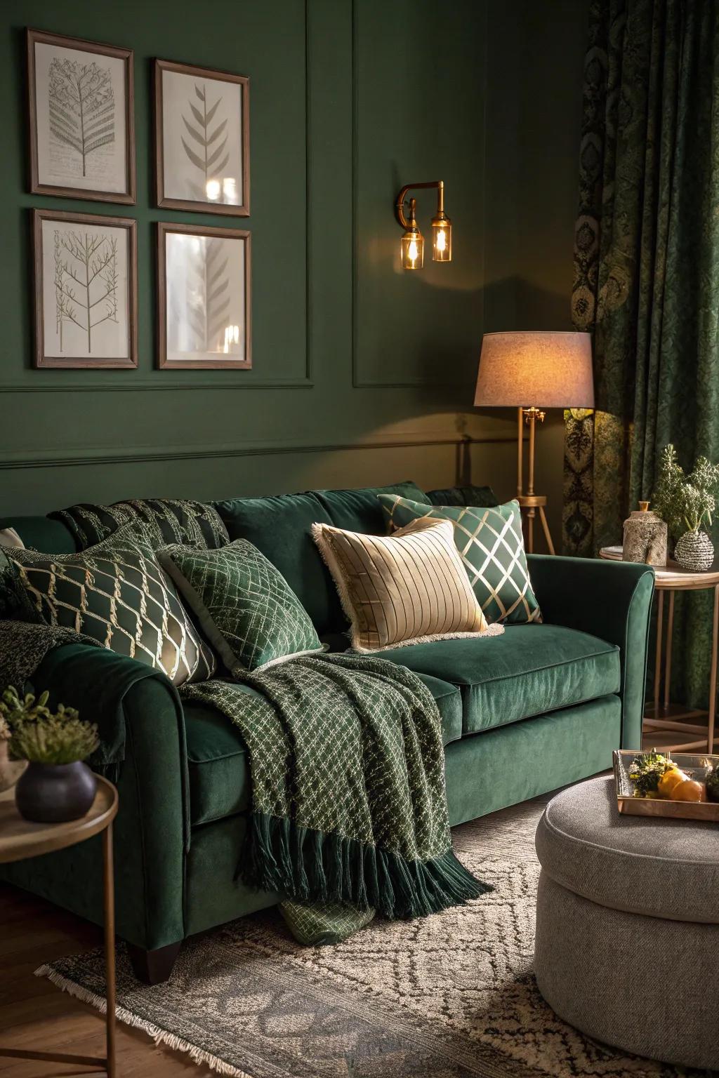 Layered textures add depth and coziness to a dark green living space.