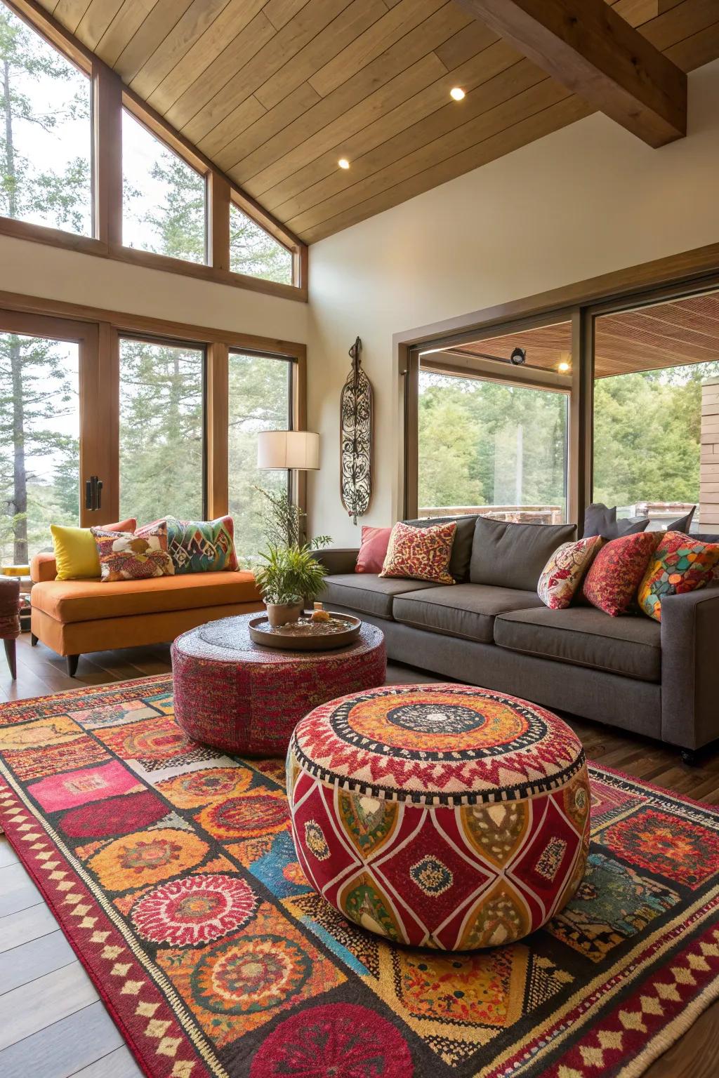 Bold patterns that inject personality and vibrancy into a modern family room.