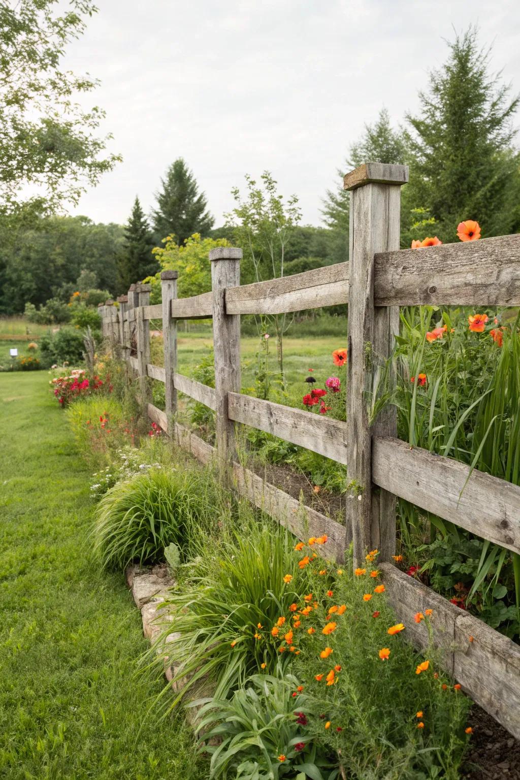 Reclaimed wood adds character and sustainability to this modern farmhouse fence.