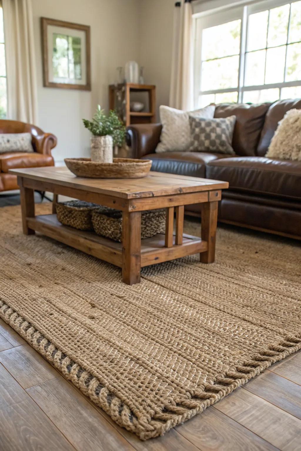 A textured floor covering adds warmth and style to this inviting farmhouse interior.