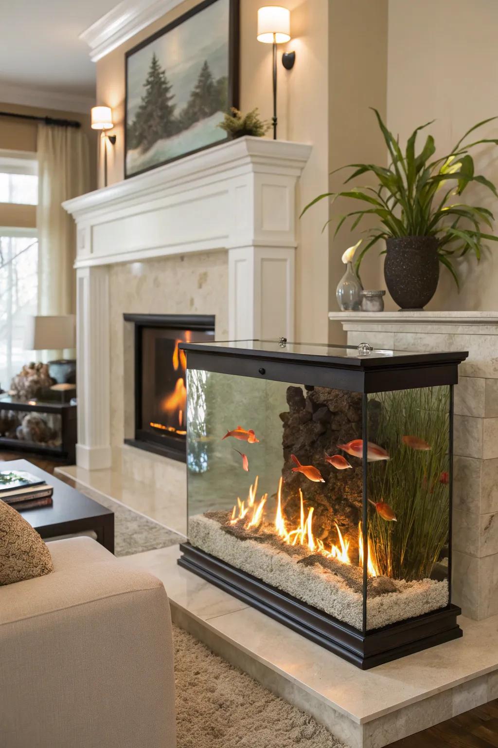 An aquarium fireplace that blends the soothing elements of fire and water.