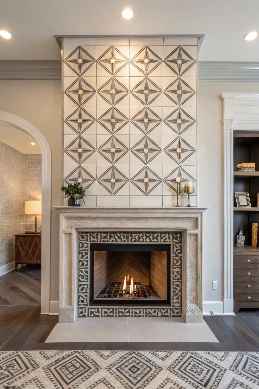A fireplace displaying an architectural geometric tile design.