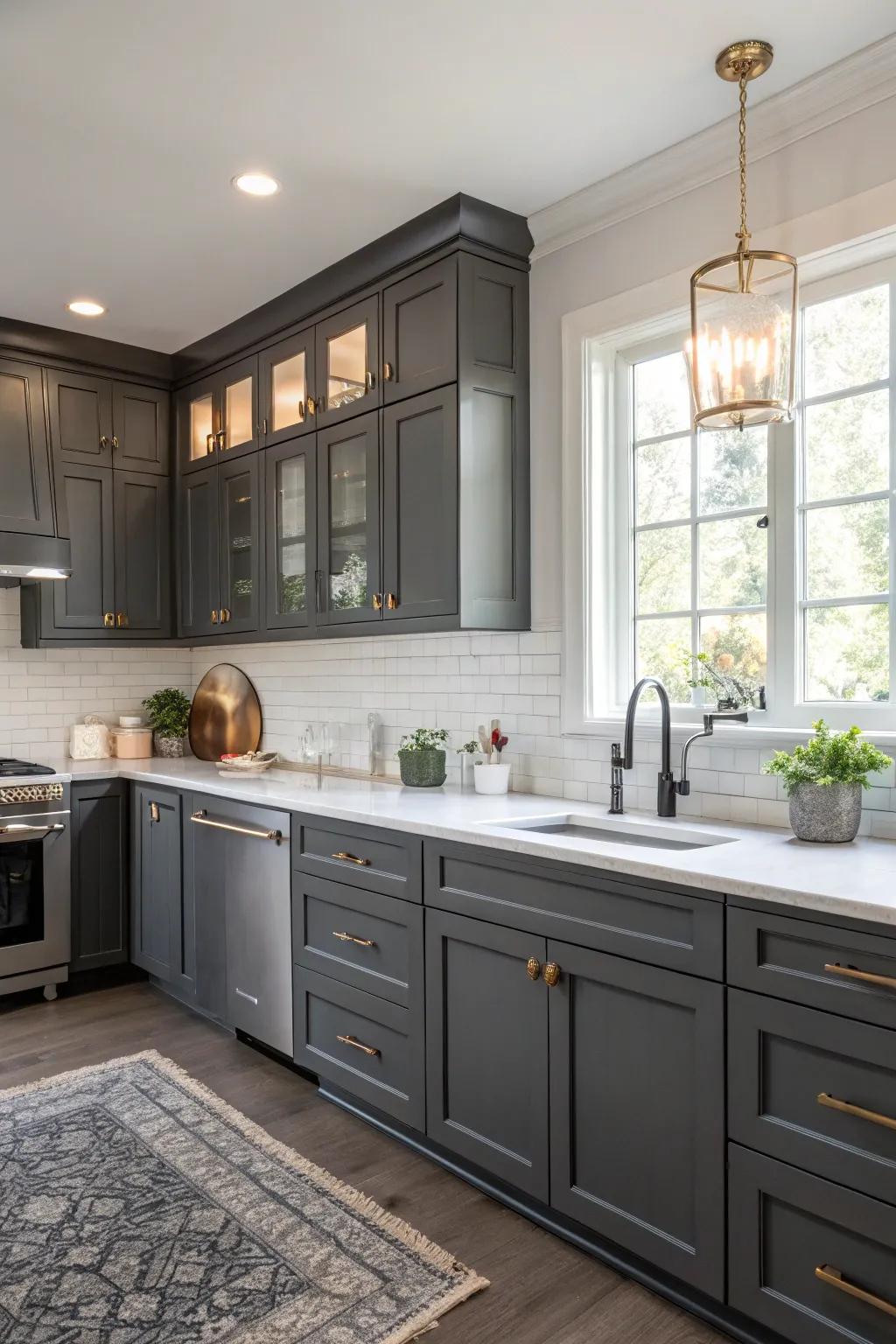 Create a striking balance with deep grey and light accents.